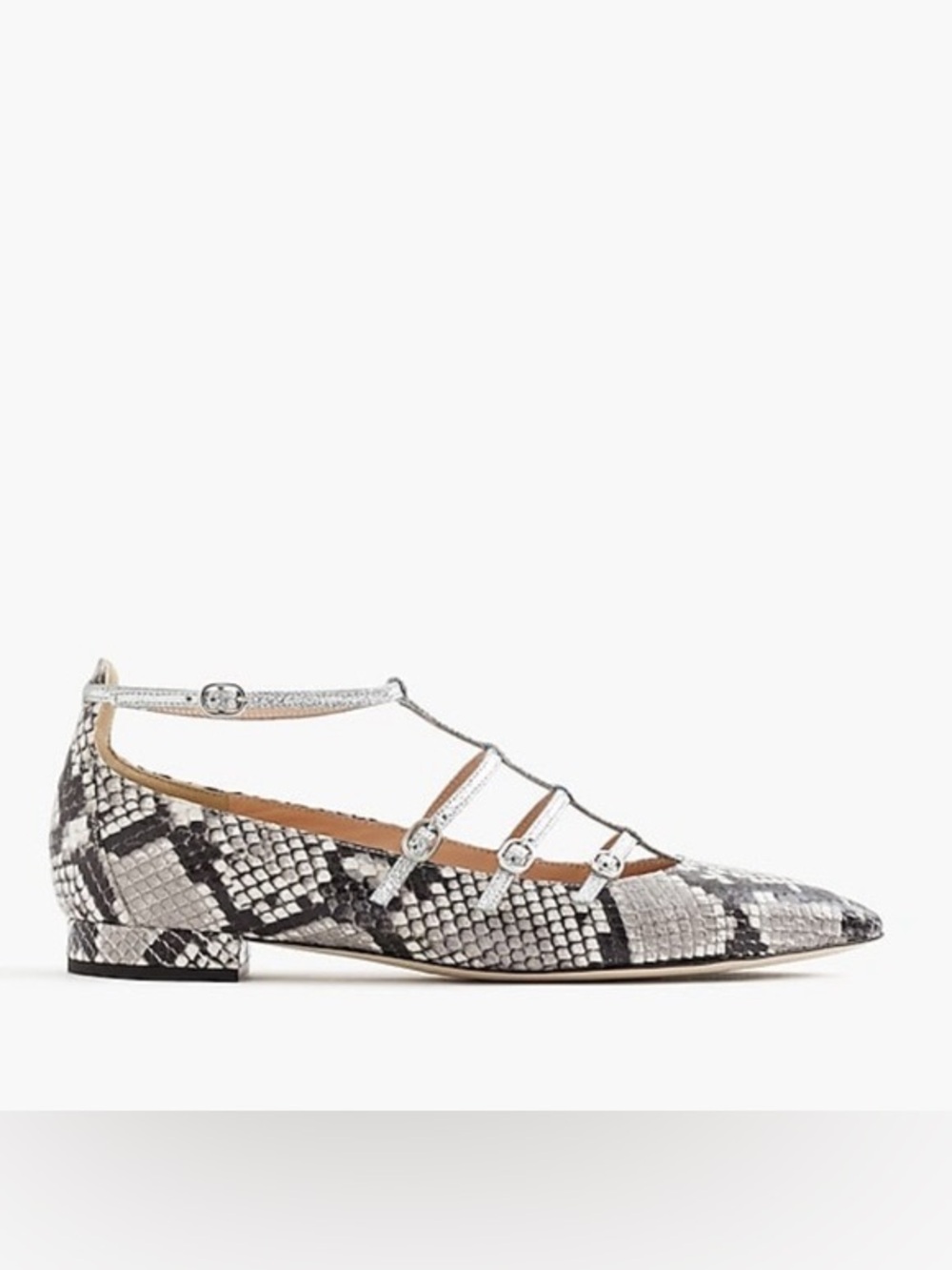 NWT J. Crew Caged Snakeskin Pointed Flats with Silver Trim